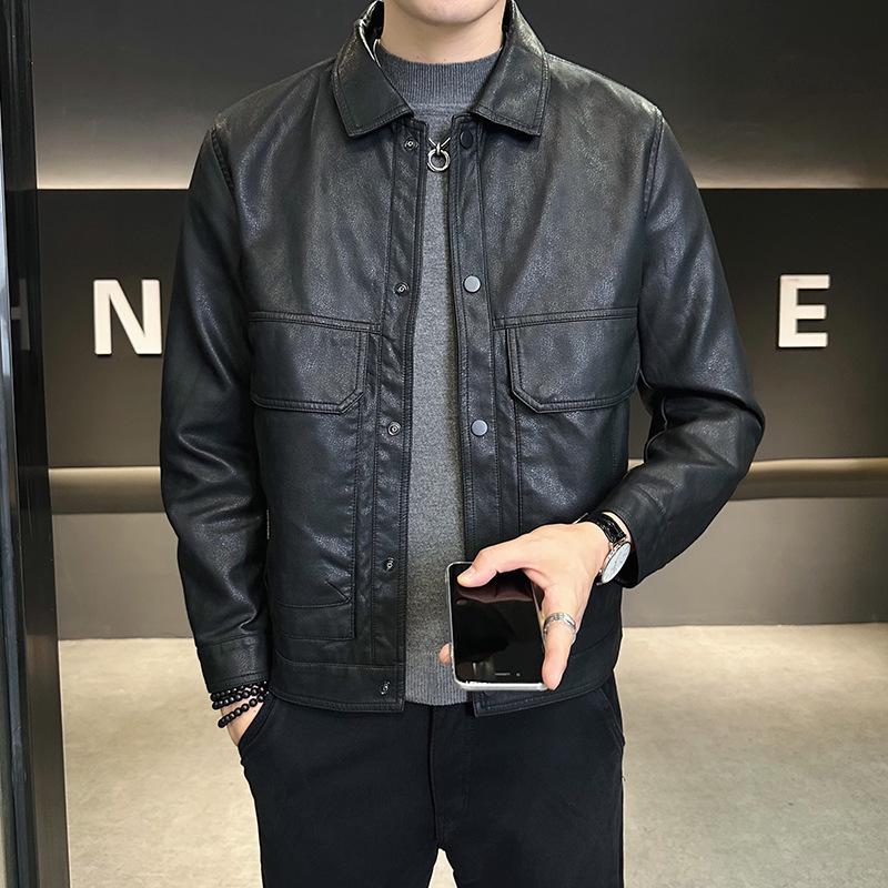 Chaqueta de Cuero con Solapa Ajustada para Hombre Otoño Invierno 2025 - Ropa Exterior Casual