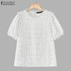 ZANZEA Women Casual Round Neck Short Sleeve Loose Crochet Patchwork Blouse