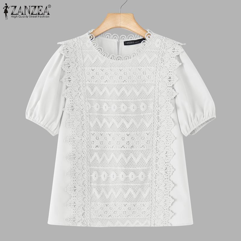 ZANZEA Women Casual Round Neck Short Sleeve Loose Crochet Patchwork Blouse