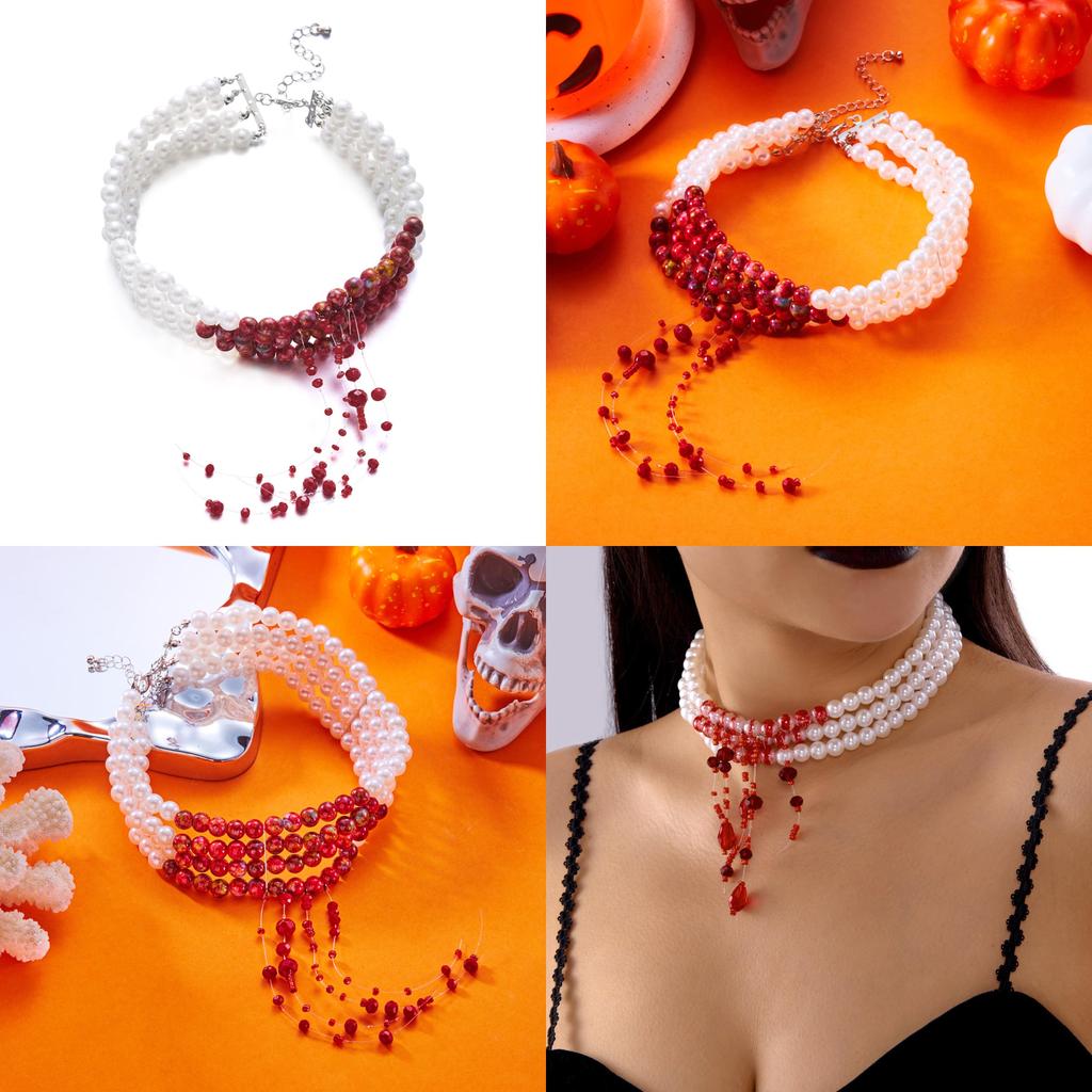 Collier de Perles Goutte de Sang d'Halloween avec Design Géométrique Fait Main pour Femmes