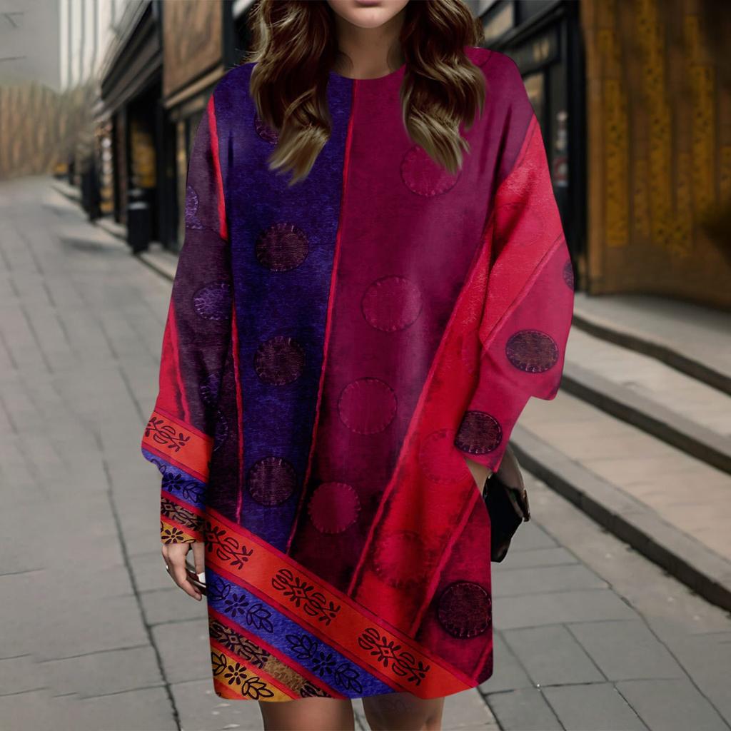 Women's Fashionable Ethnic Style Printed Round Neck Loose Fitting Long Sleeved Dress