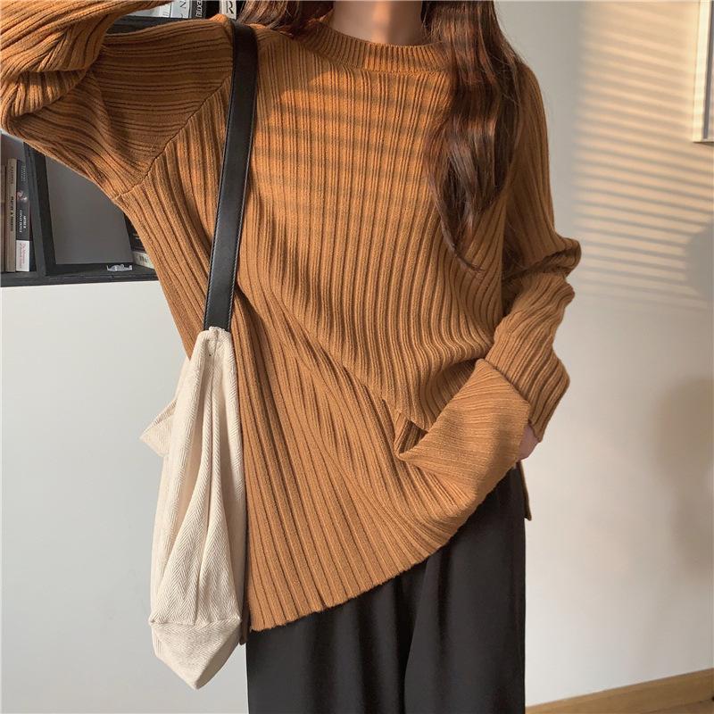 

Новая осенне-зимняя женская одежда ленивый средней длины вязаный свитер однотонная базовая рубашка свитер с круглым вырезом женский топ One Size