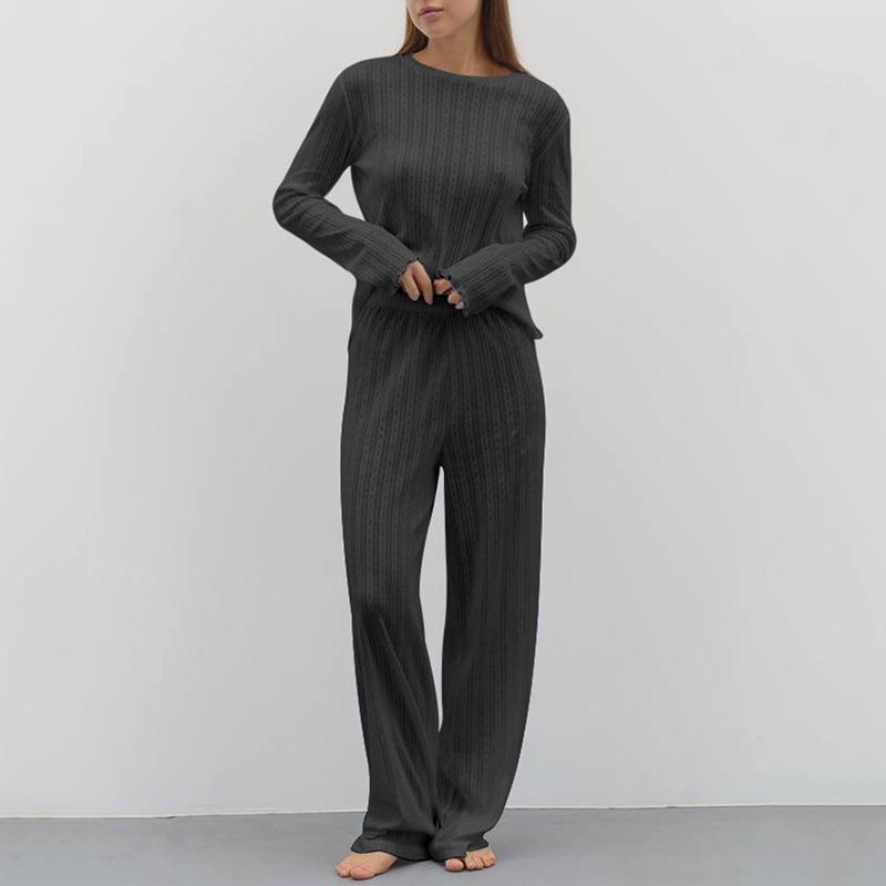 

Женская повседневная мягкая тонкая пижама из двух частей, комплект с круглым вырезом, оборками, длинными рукавами, прямые брюки с высокой талией, домашний костюм L чёрный