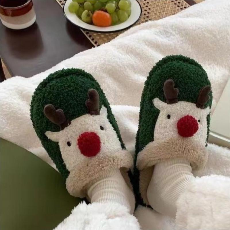 Winter Christmas Elk Plush Shoes Home Fashion Couple Non slip Warm Baotou Cotton Slippers