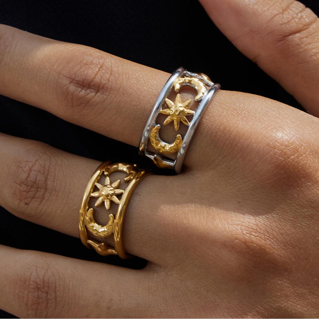 Yori Statement Stainless Steel Star Moon Hollow Double-Layer Open Ring 18K PVD Plated High Quality Charm Stylish Golden Jewelry
