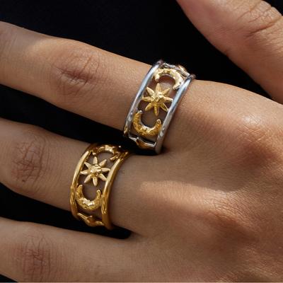Yori Statement Stainless Steel Star Moon Hollow Double-Layer Open Ring 18K PVD Plated High Quality Charm Stylish Golden Jewelry