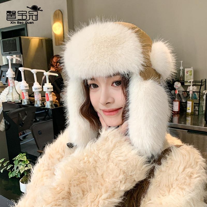 Winter outdoor windproof ear protection pullover hat thickened plush fashion hat women's ski cold and warm