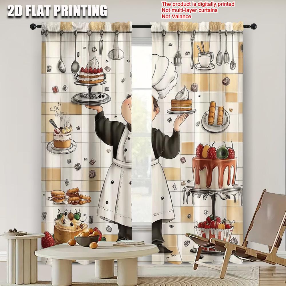 2pcs   spring summer Curtains Baker Pastries Kitchen Art Digital Print Drapes Versatile Polyester Fabric Decorations Outdoor for