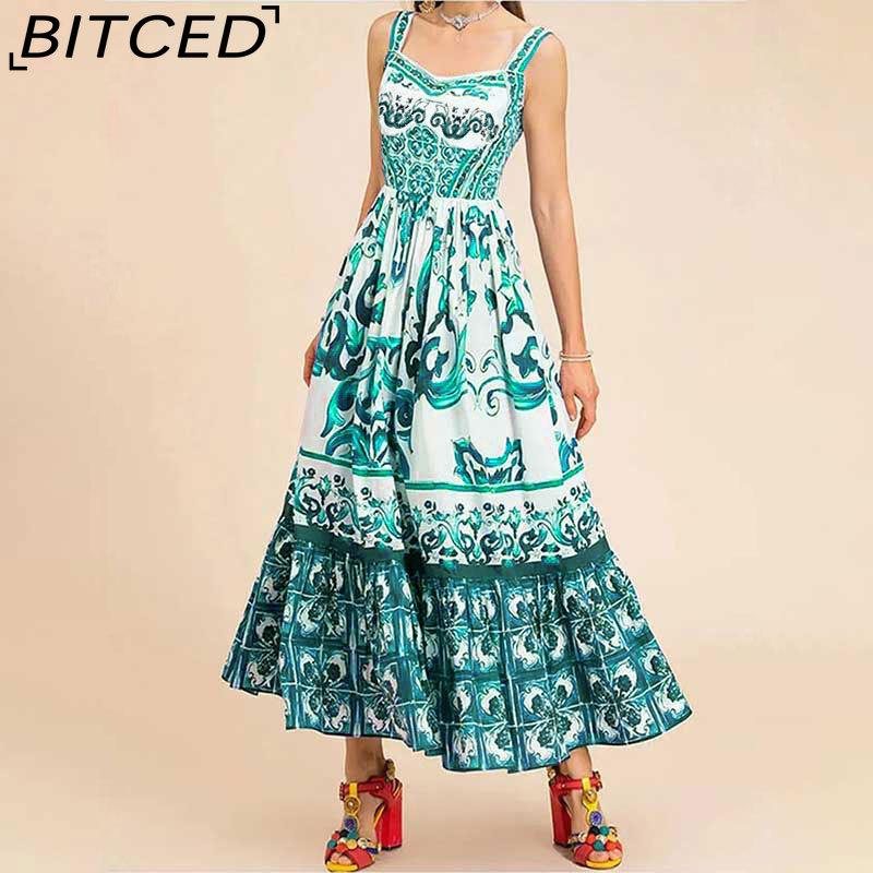 BITCED Spring Collection Bohemian-inspired Elegant Mid-Length Wide-Hem Printed Halter Neck Dress