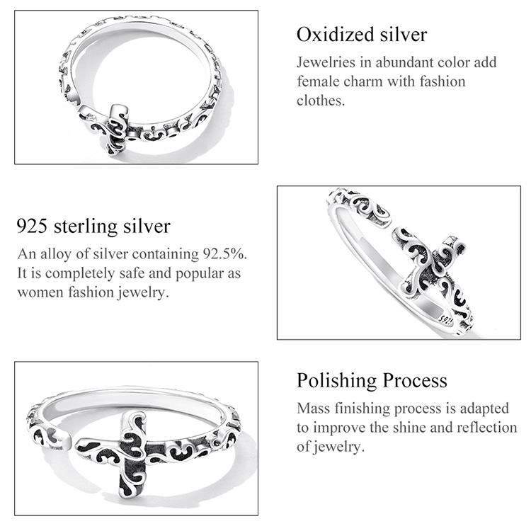 Bamoer Vintage Cross Open Ring 925 Sterling Sliver Embossed Patterns Finger Adjustable Size 5-9 Rings For Party Jewelry