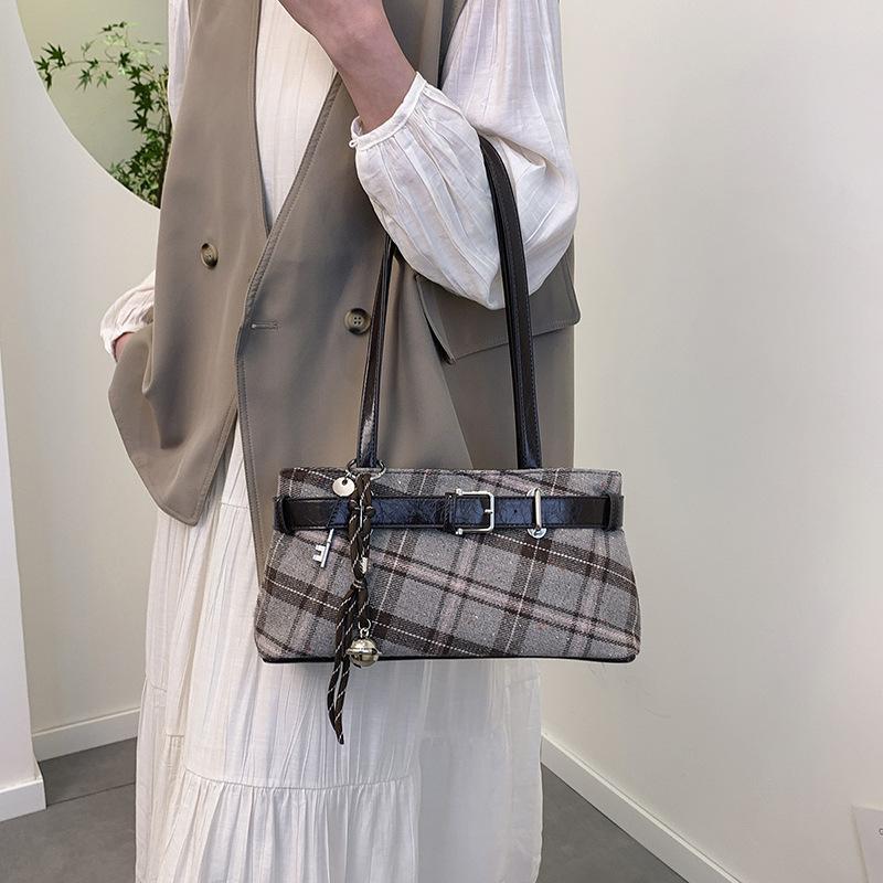 Fashiable Retro Soft PU Leather Checked Shoulder Bags Large Capacity Bags for Women Zipper Cloth Women's Handbags