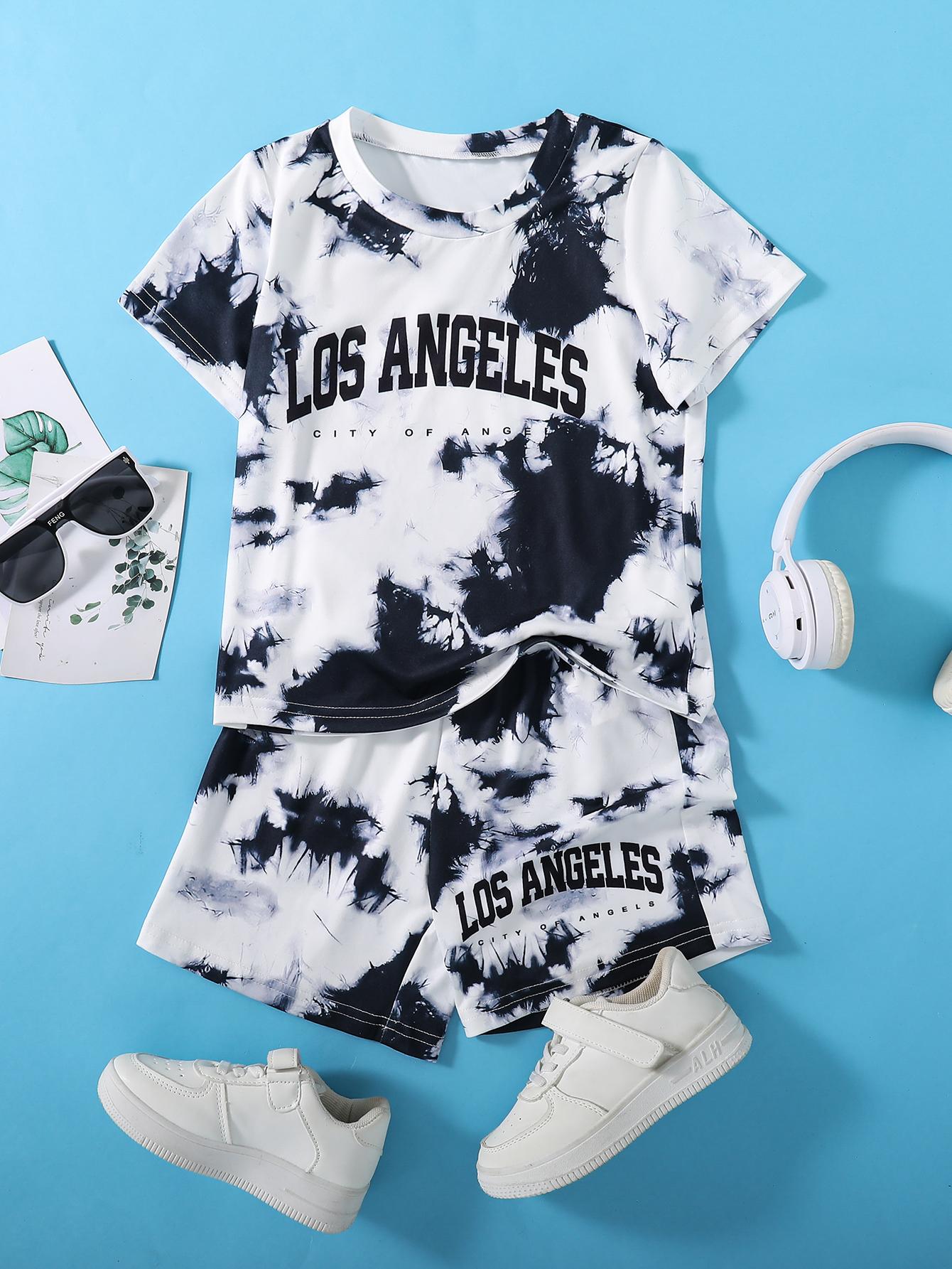 

2-Piece Boys Casual Outfit Set: LOS ANGELES Lettering Tie-Dye Crewneck Short-Sleeve Top & Matching Mid-Length Shorts — Spring/Summer Collection 4Y разноцветный