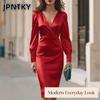 JPNTKY Fashion Summer Spring Solid Color Print Long Sleeve V-Neck  Casual Dresses