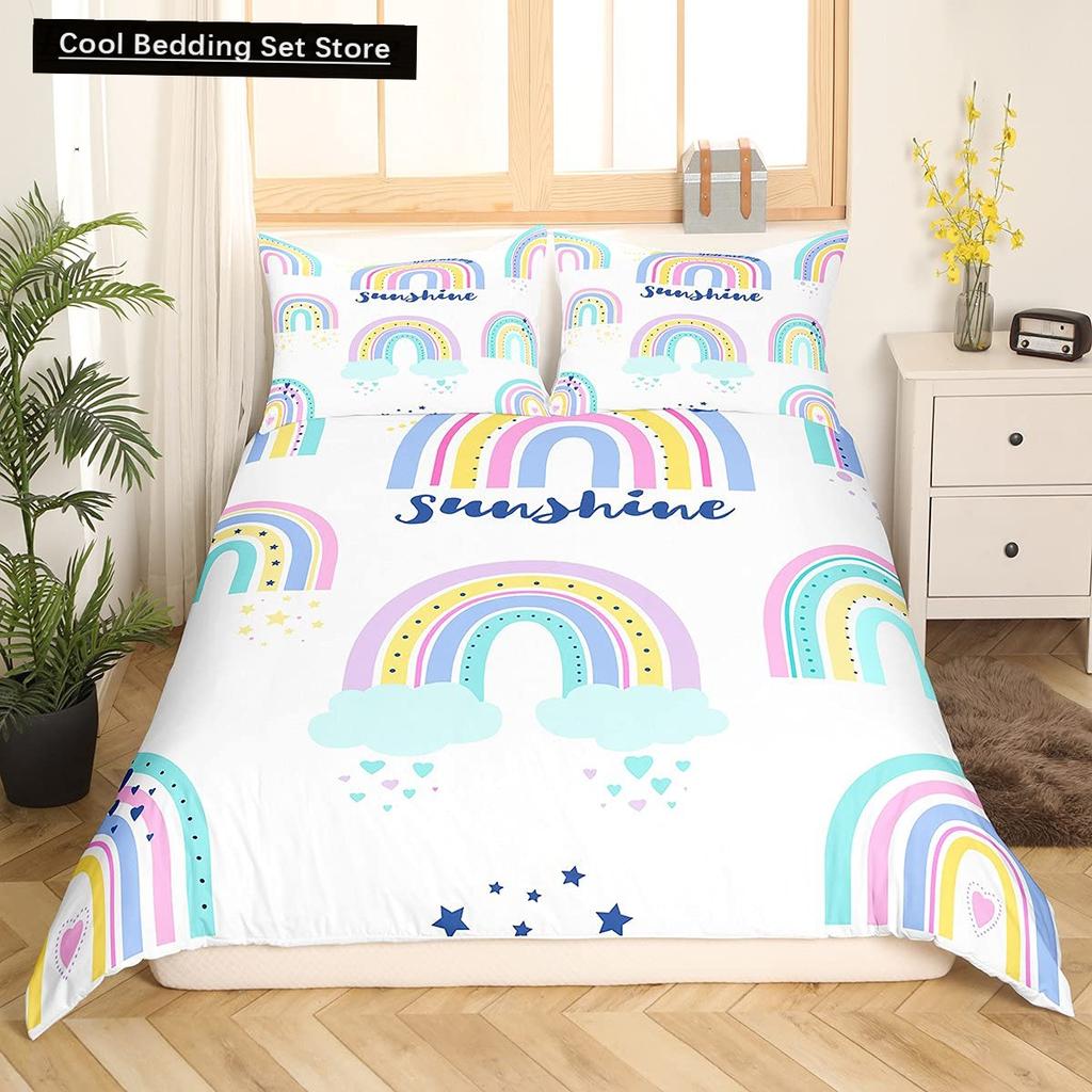 Cartoon Regenbogen König Königin Bettbezug Kinder Mädchen Bunte Wolken Bettwäsche Set Liebesherz Bettdeckenbezug Polyester Steppdeckenbezug