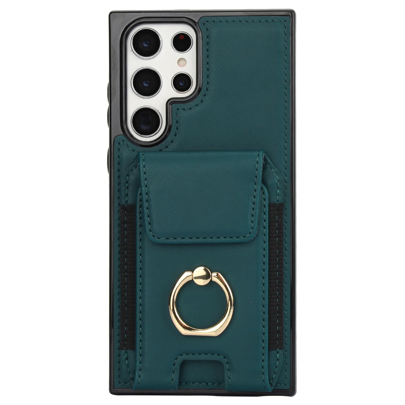 

For Samsung Galaxy S22 Ultra 5G Case Card Holder Leather Coated TPU Kickstand Cover Green