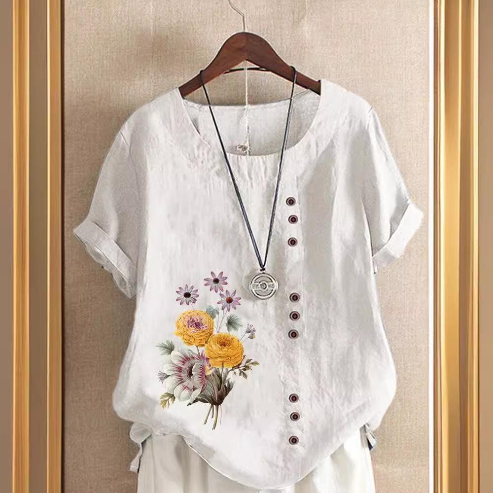 Europe and The United States Printing Cotton Linen Short-sleeved Ladies T-shirt