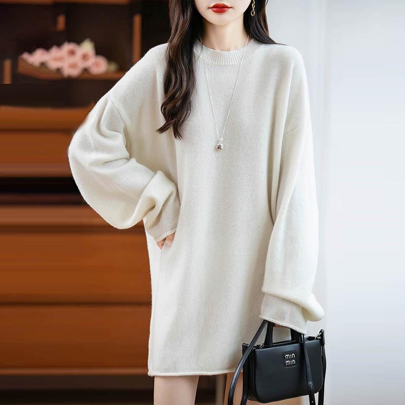 Women's Pure Wool Loose Knit Dress - Autumn & Winter, Round Neck, Solid Color, Plus Size, Medium Long, Korean Style.