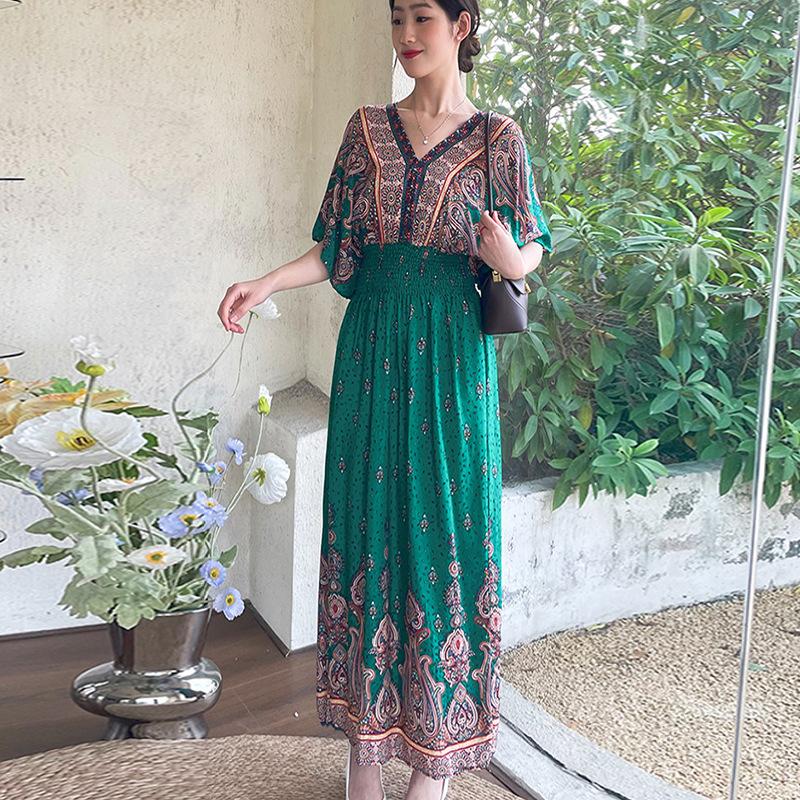 Dame Casual Blomstret V-halskjole Irregulær Tone Casual Rund hals Lang