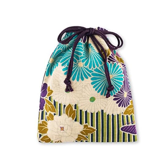 Noren Drawstring Bag (Retro Flower - Purple) 100% Cotton, Lined, W19×H19cm