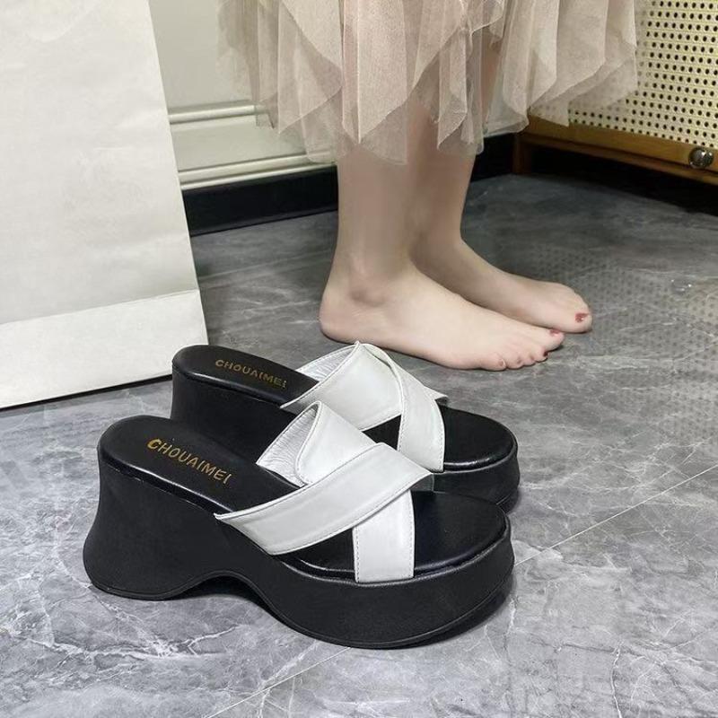 Platform Thick-soled Anti-slip High-heeled Cool Slippers for Women, Soft Leather Shoes