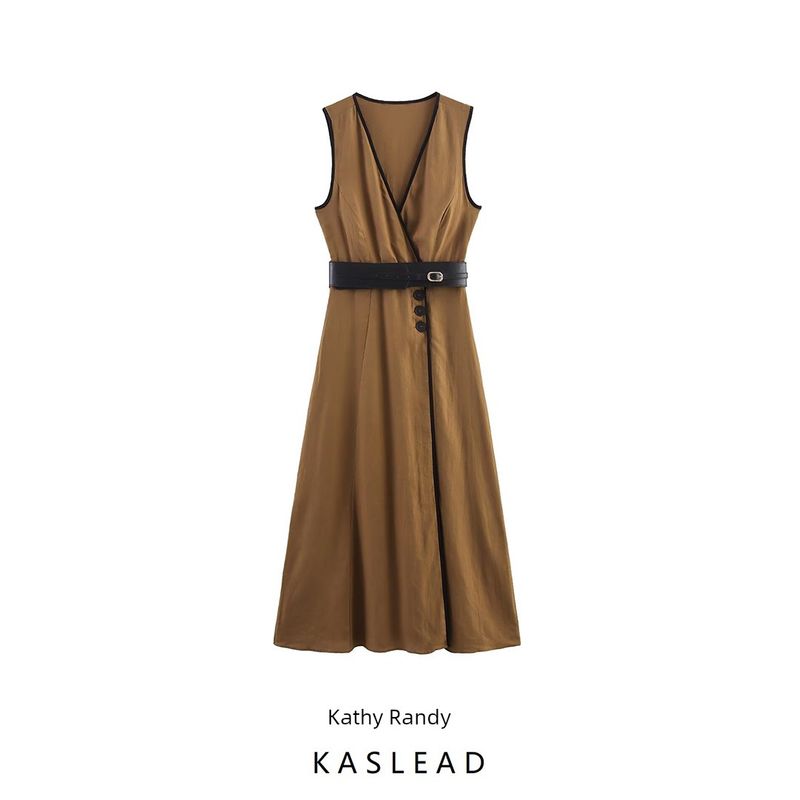 Kaslead New Women Clothes Western Style Fashion Simple Belt Midi Dress 8651379