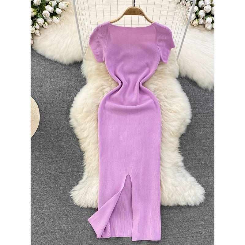 Summer K-style Square Collar off-Shoulder Knitting Dress