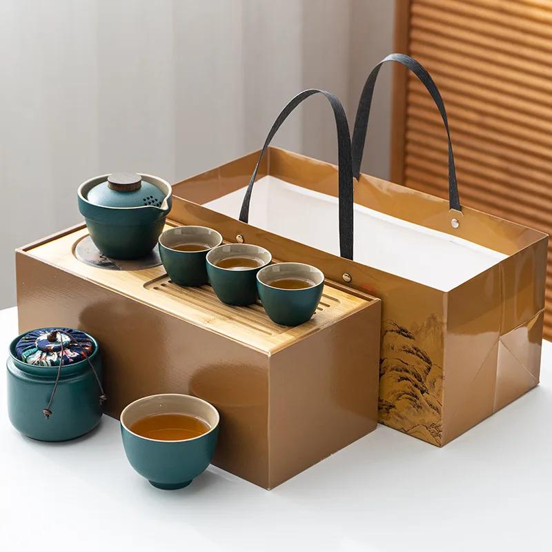 Travel tea set Kuaike cup, one pot, three cups, portable cover bowl, small set, outdoor kung fu set, tea advertising gifts