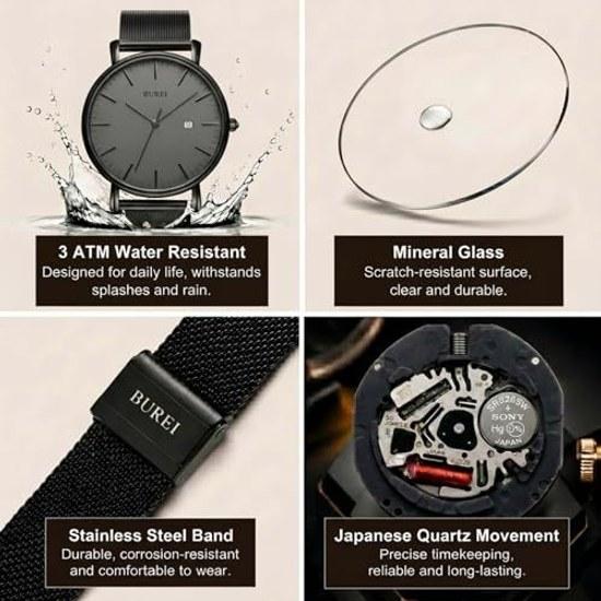 BUREI Mens Watch Simple Waterproof Analog Popular Wristwatch Brand Stylish Milanese Mesh Belt (Dark Gray)