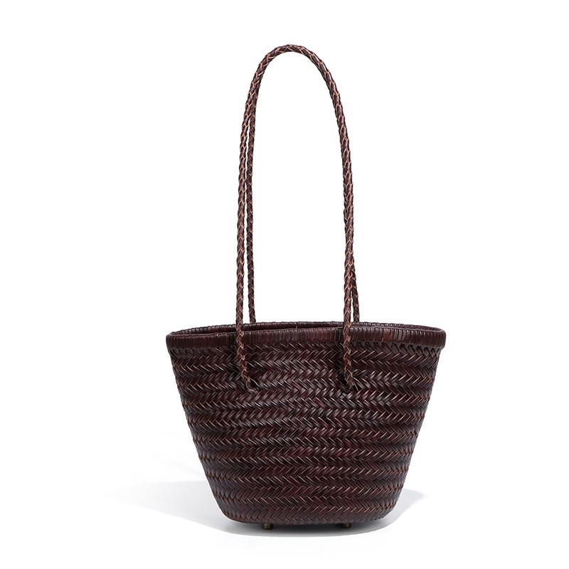 

Genuine Leather Bag Women s High-end Top-layer Cowhide Vegetable Basket Bucket Hand-knitted Mother Shoulder