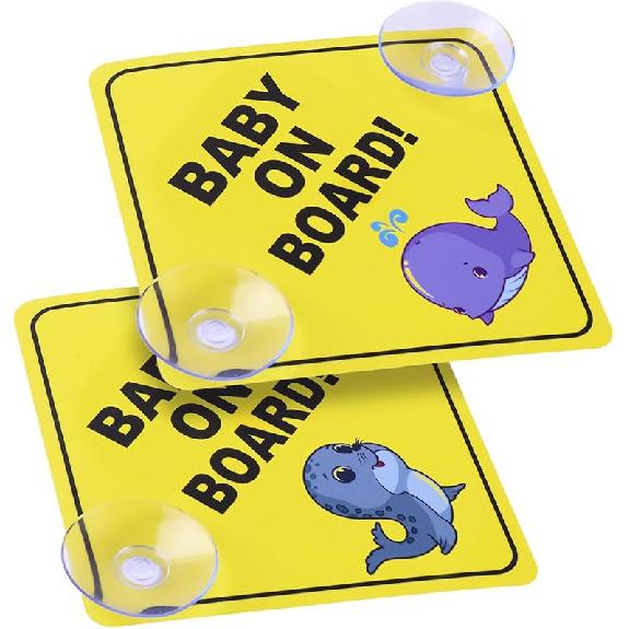 Cobee Baby On Board Car Warning Signs, 2 Pcs 5"X5" Safety Car Sign With Double Suction Cups, Baby In Car Sticker For Car Window Cling Reusable