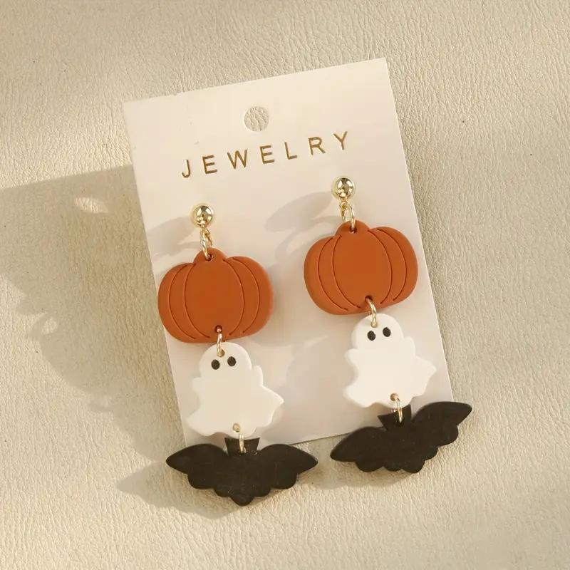 Halloween Ghost Bat Pumpkin Design Long Dangle Earrings for Women Cute Acrylic Trendy Party Jewelry Gifts