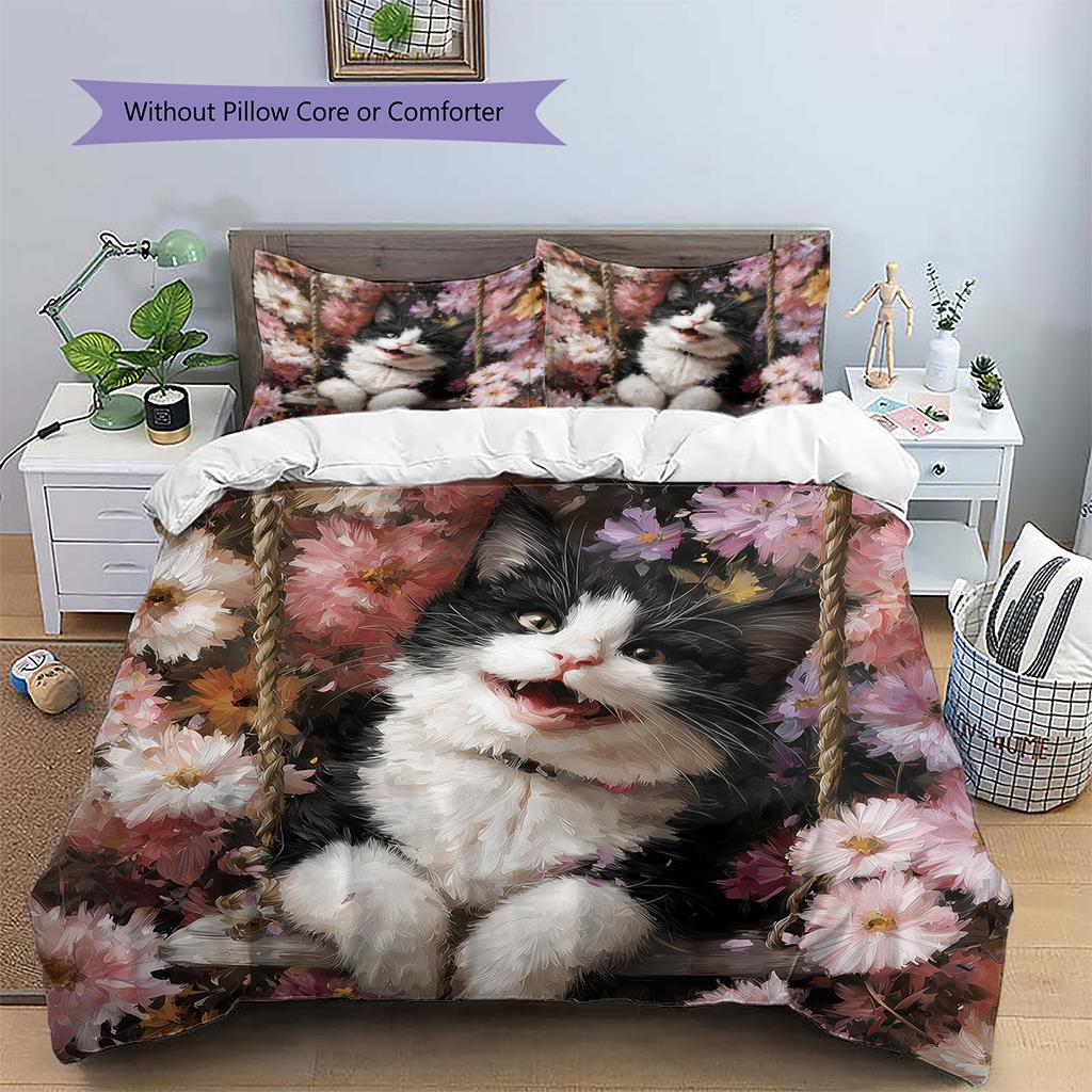 Cow Cat and flowers Pattern Bedding Home Decoration Birthday Gift (1 * duvet cover + 2 * pillowcase, without core)