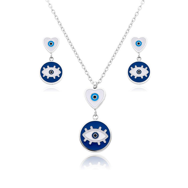 

Шикарный турецкий чокер с голубым глазом, эмалированное ожерелье с подвеской, комплект ювелирных изделий из нержавеющей стали, серьги-гвоздики в форме сердца для женщин 45cm