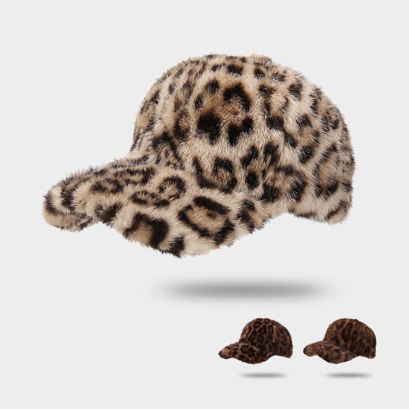 Freedom Outdoors Women's Dark Brown Leopard Print Baseball Cap Plush Faux Fur Keep Warm Winter Cap Outdoor Vintage Snapback Hats For 54-58Cm