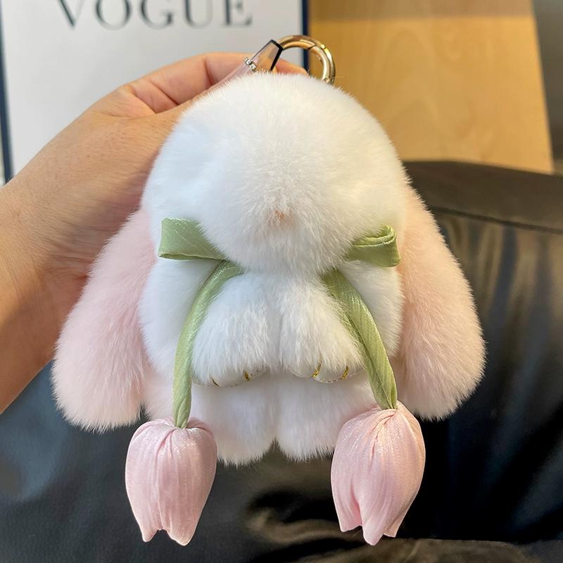 Real Rex Rabbit Hair Rabbit Tulip Keychain Pendant Cute Dead Rabbit Plush Doll Bag Pendant Gift
