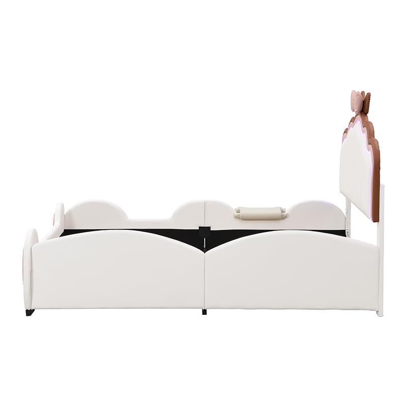 Polsterbett Kinderbett 140x200cm, Cartoon Bett mit Kopftei und Lattenrost, mit LED-Farbwechsellicht, Rutsche und Leiter, Ohne Matratz