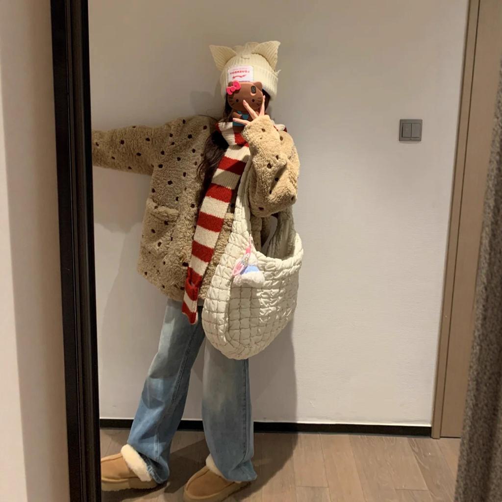 New polka dot milk tea lamb wool cardigan top loose lazy autumn and winter fur integrated coat women