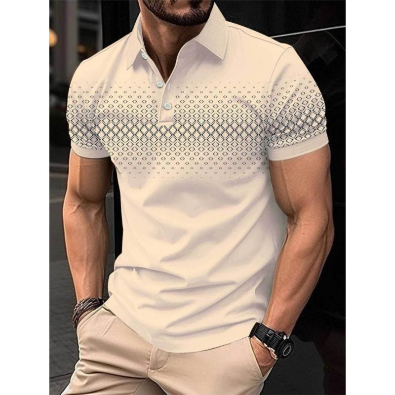 

Men s Summer Casual Polo Shirt Beige with Gradient Geometric Print Slim Fit Short Sleeve S