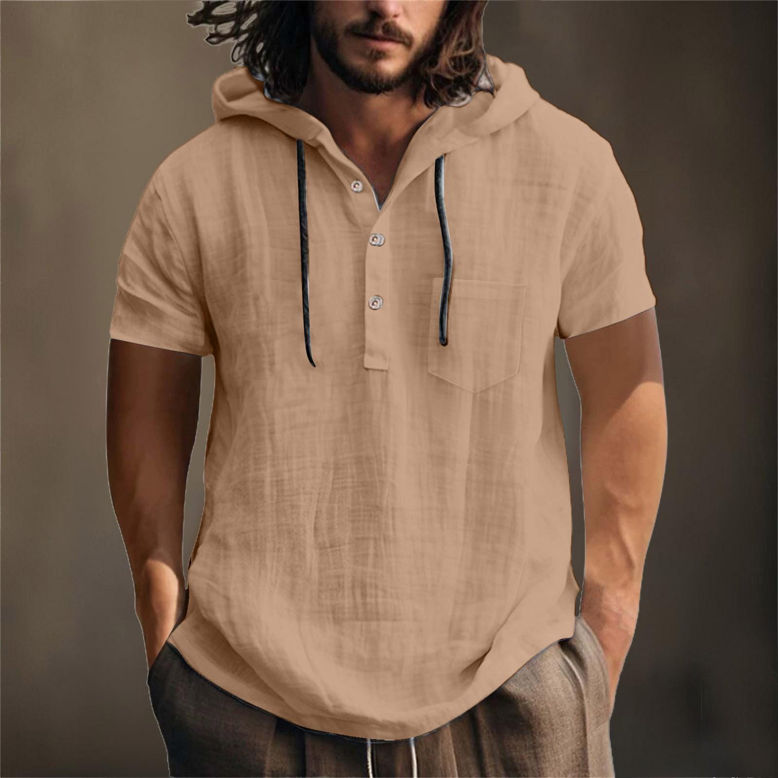 

Мужская летняя хлопковая конопляная хлопковая тонкая повседневная однотонная свободная куртка с капюшоном и коротким рукавом L