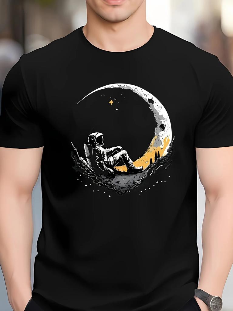 Large casual loose T-shirt, men's moon print, round neck short sleeved sports T-shirt,