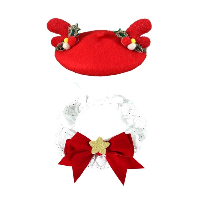 Puppy Christmas Supplies Beret Hat with Necklace Photo Props Festive Collar Christmas Photo Props Supplies