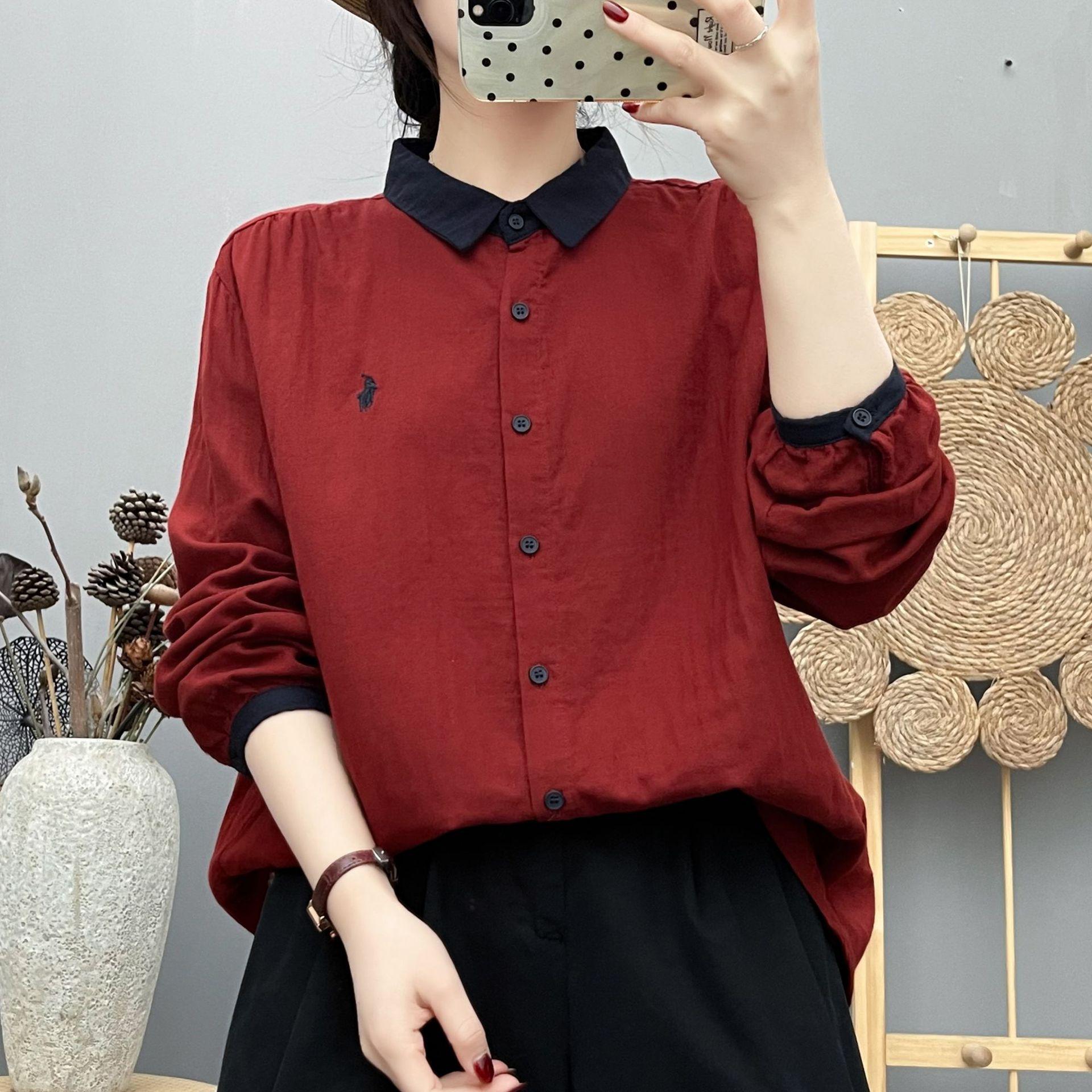 Trendy 2026 Spring Double-Layer Cotton Gauze Long-Sleeved Women s Shirt - Loose, Casual, Embroidered Versatile Top Large красный