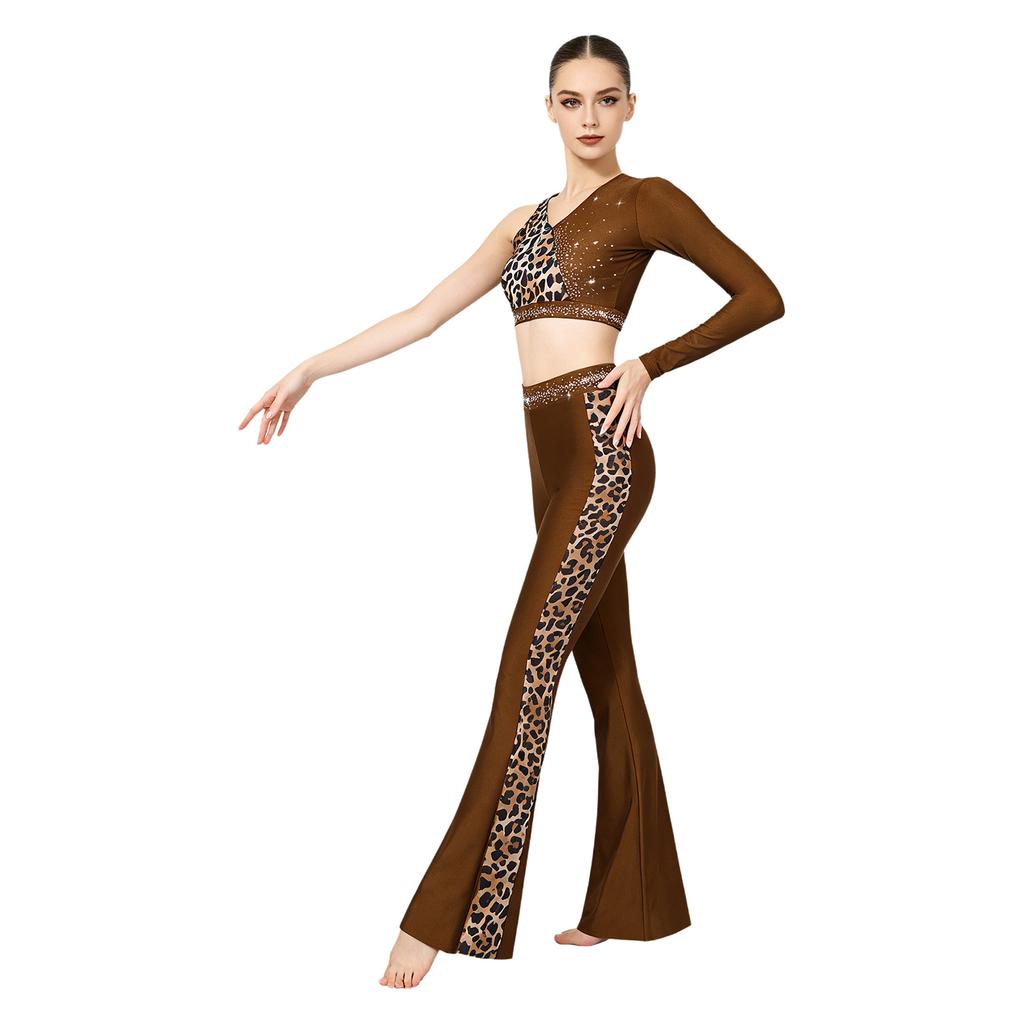 Leopard Print Rhinestone One Shoulder Crop Top and Flared Pants Set for Women Latin Jazz Dance Competition Stage Show