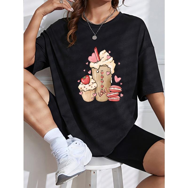 Weißes T-Shirt mit Cupcake- und Milchshake-Print für Freizeitkleidung