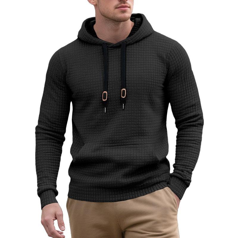 European Size Men's Casual Pullover Jacquard Pocket Sweater Small Square Quilting Cotton Fabric Hooded
