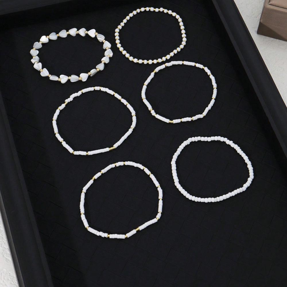6pcs Set Of Delicate White Bead Heart & Shell Handmade Beaded Elastic Multi-Layer Bracelets For Valentine's gift B082