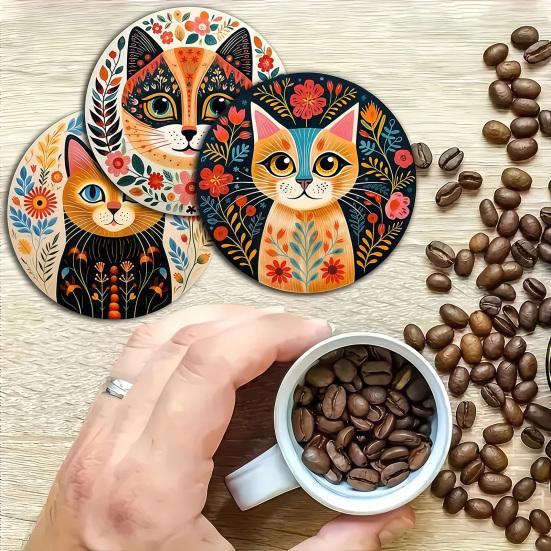 Solid Wood Cup Holders for Workstation 6 Pcs Cute Cat Coasters, Thick Heat-Resistant Coaster Tabletop Protection, Non-slip Mats Non Slip Drink