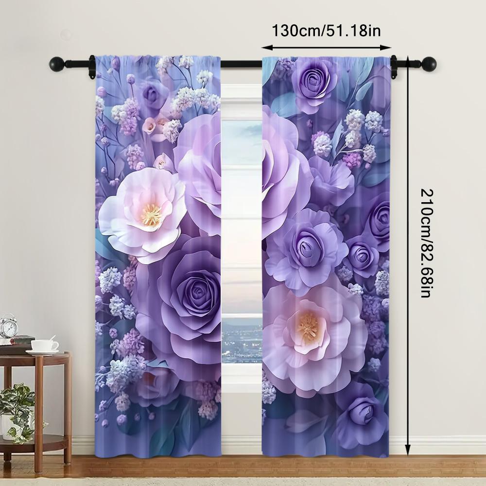 2pc,  Curtain Large Purple Floral Blackout  Polyester Festive Wall Decor Use for Holiday Parties
