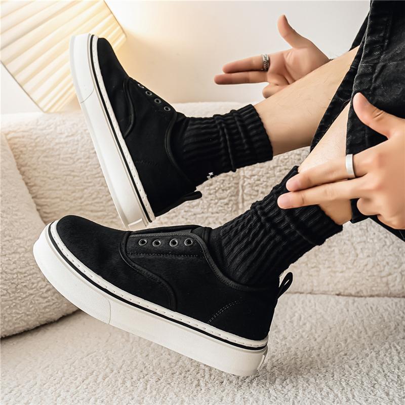 Fashion Black Men Casual Canvas Shoes Slip-on Platform Sneakers Comfortable Lightweight Breathable Daily Walking Footwear