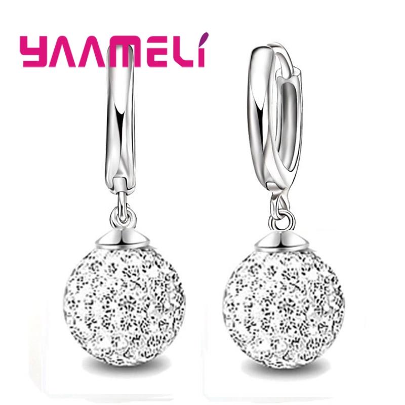 

Hot Sale 925 Sterling Silver Earrings Austrian Crystal Pave Disco Ball Hoop Lever Back Huggie Pendientes Women Girls Jewelry